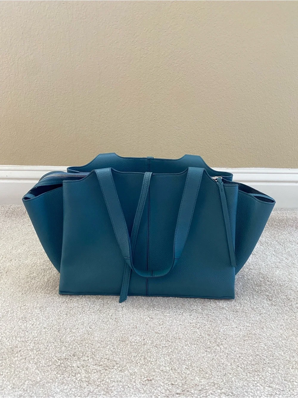 Celine Teal Blue Pebbled Leather Medium Trifold Tote